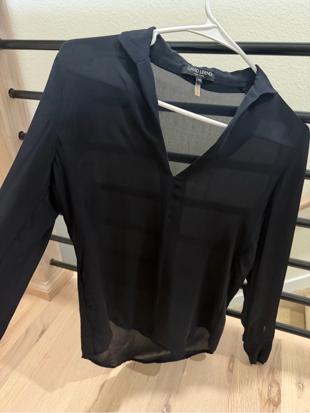 David Lerner Black V-Neck Sheer Blouse - Women's Top